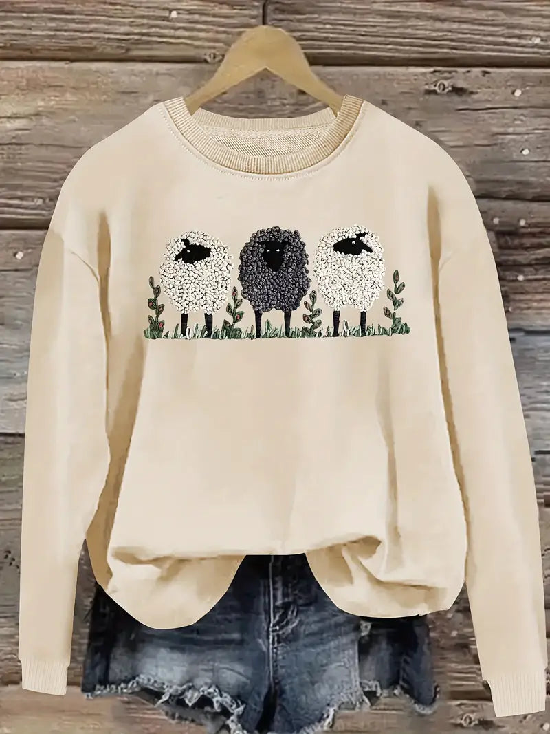 Cozy Women's Cable Knit Sweater with Sheep Design