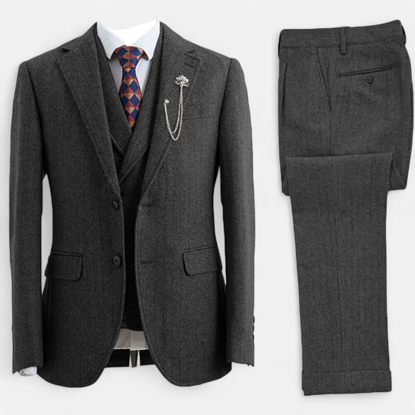 Classic Men's 3-Piece Wool Herringbone Suit