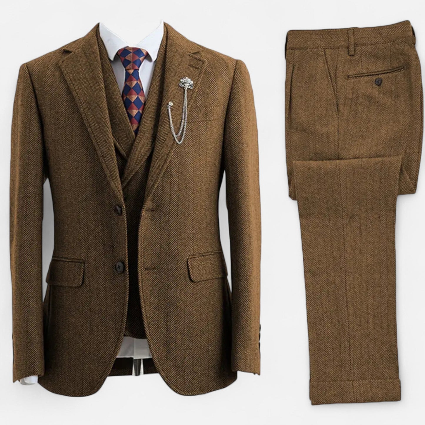 Classic Men's 3-Piece Wool Herringbone Suit