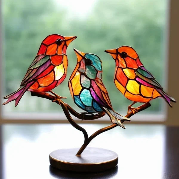 Vibrant Stained Glass Bird Figurine | Colorful Office Decoration