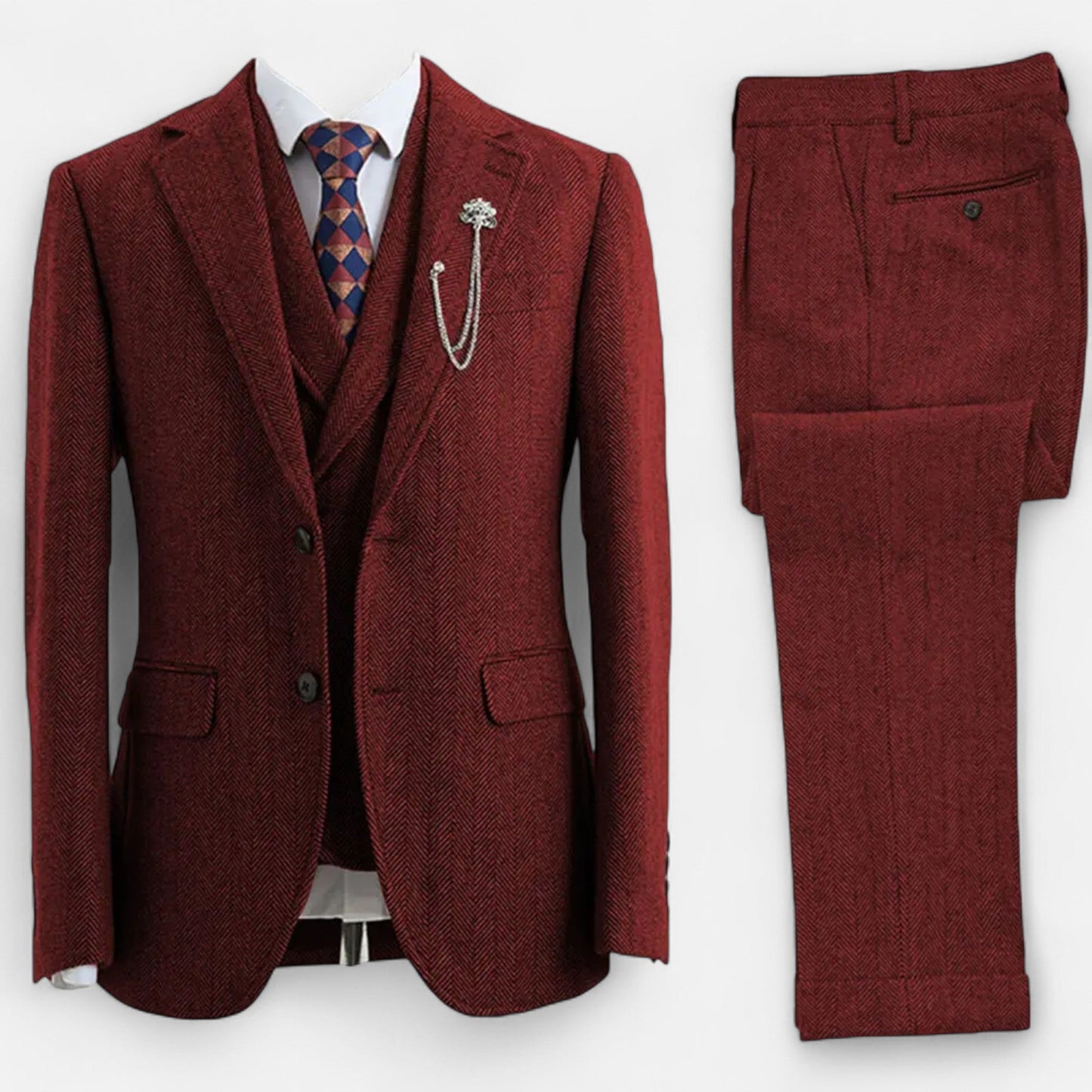 Classic Men's 3-Piece Wool Herringbone Suit