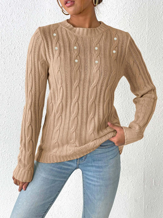 Women's Warm Cable Knit Sweater with Thick Braids - VogeLuxe