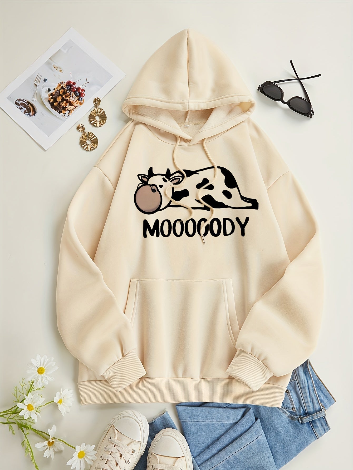 Cozy Women's Loose Fit Hoodie with Animal Print Pocket