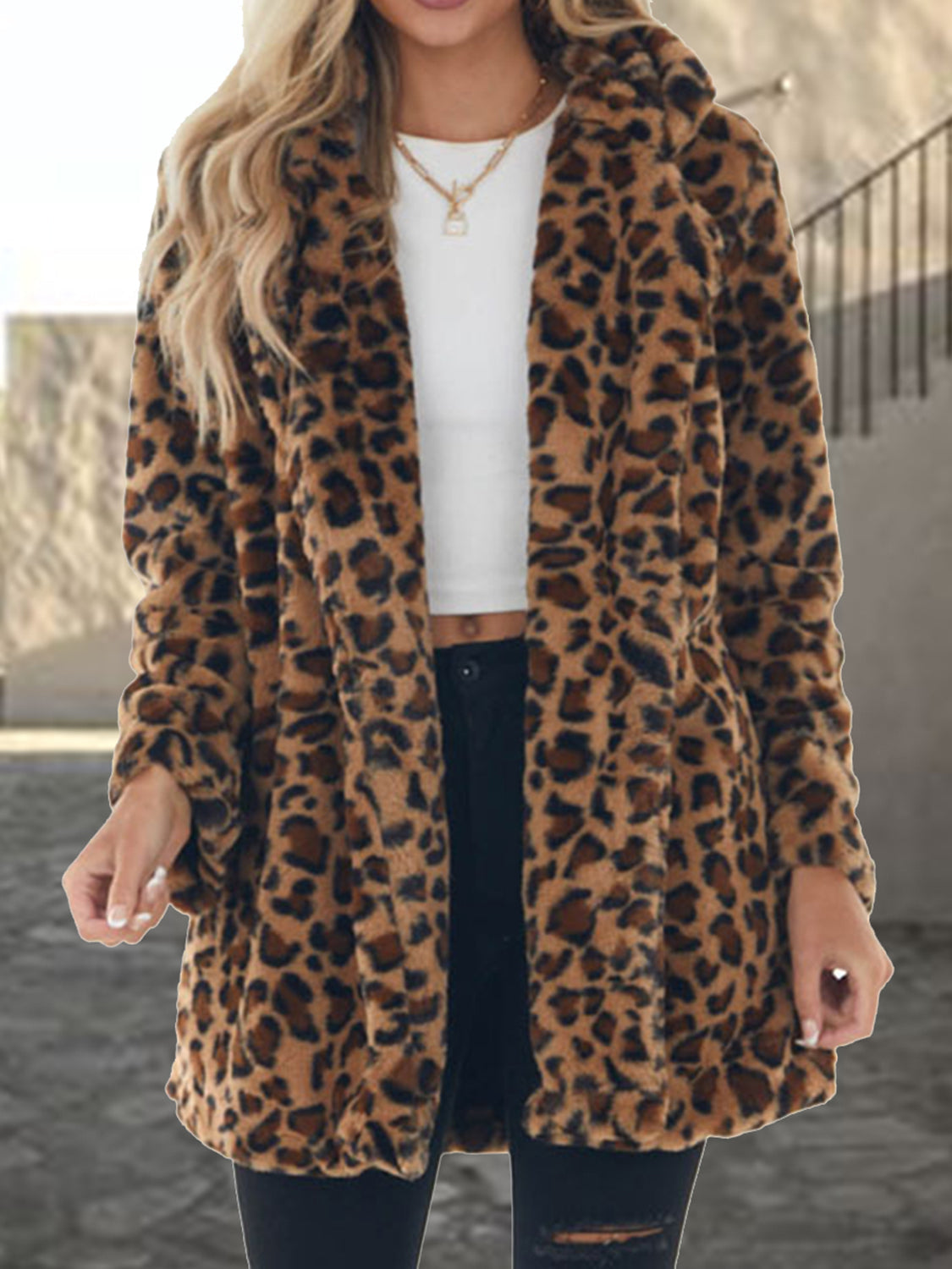Animal Print Button Coat with Side Pockets - BritishElegance