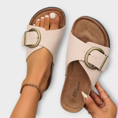 VogeLuxe | Women’s Open Toe Slide Sandals with Cork Footbed Buckle Strap