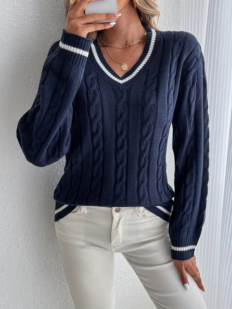 Classic Ladies Cable Knit V Sweater - VogeLuxe