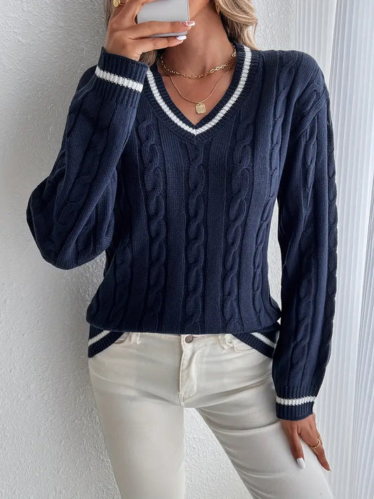 Classic Ladies Cable Knit V Sweater - VogeLuxe