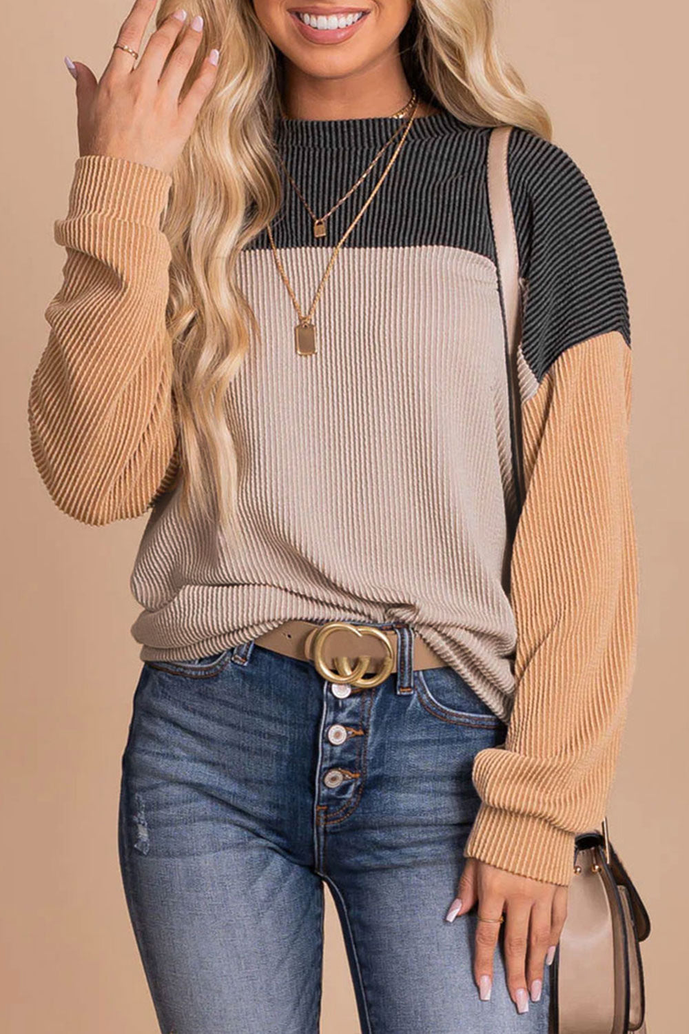 Ladies Warm Long-Sleeve Sweater with Color Block Design