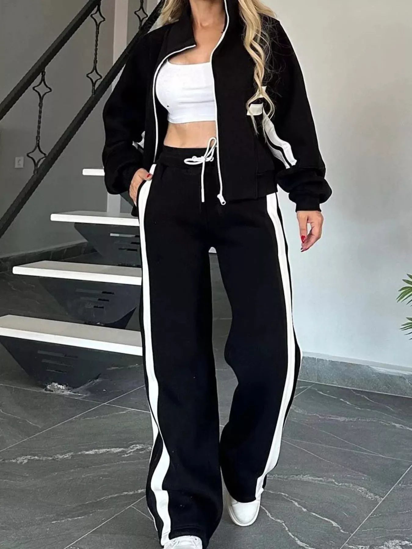 Stylish Black and White Tracksuit Plus Size Set - VogeLuxe