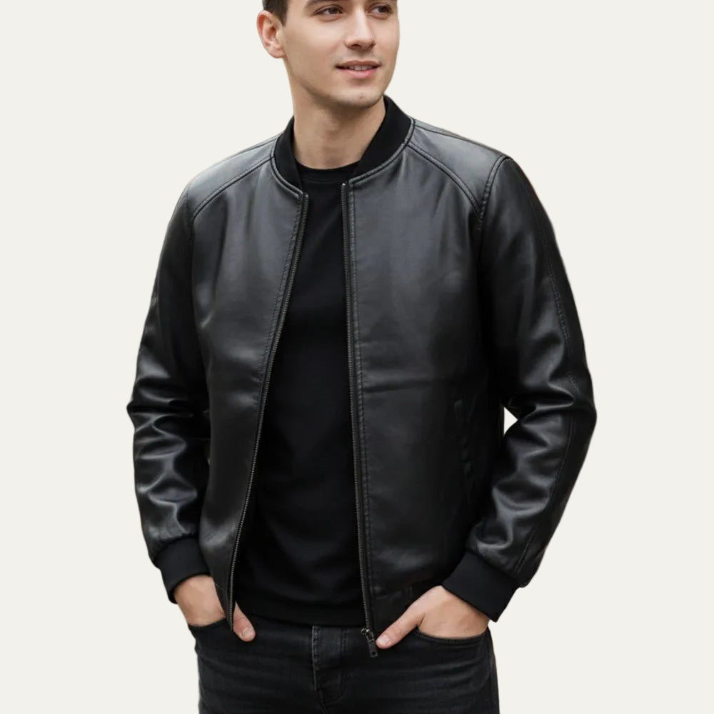 VogeLuxe | Men’s Minimalist Leather Bomber Jacket