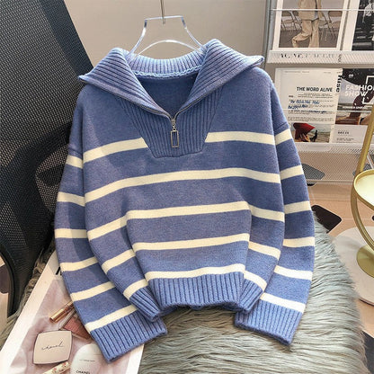 Cozy Women's Striped Winter Cashmere Zip Sweater