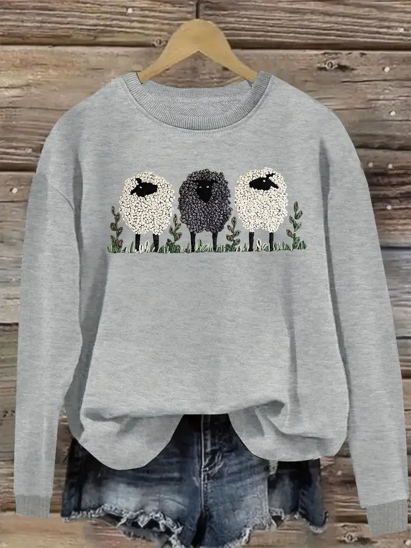 Cozy Women's Cable Knit Sweater with Sheep Design - VogeLuxe