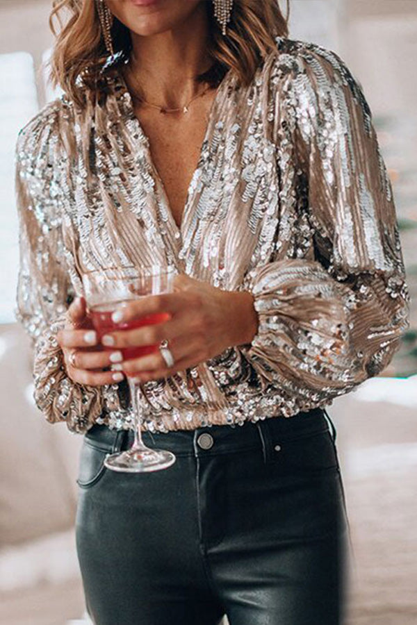 Ladies' Fashionable V-Neck Sequin Top - VogeLuxe