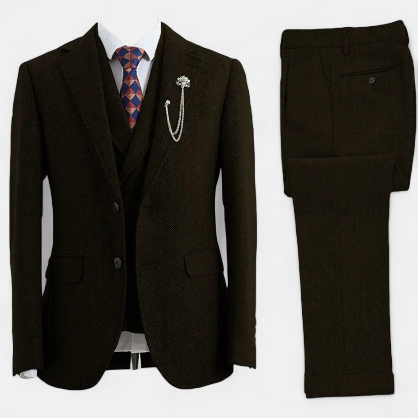 Classic Men's 3-Piece Wool Herringbone Suit