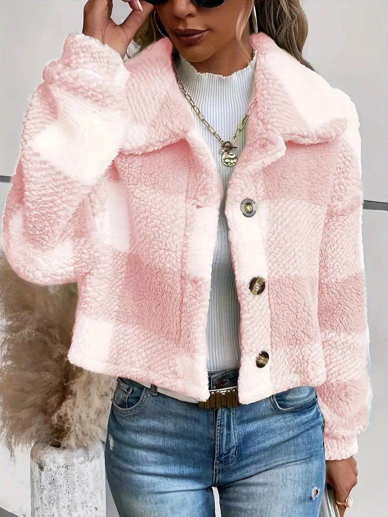VogeLuxe | Women’s Cozy Plaid Cropped Sherpa Button Front Jacket