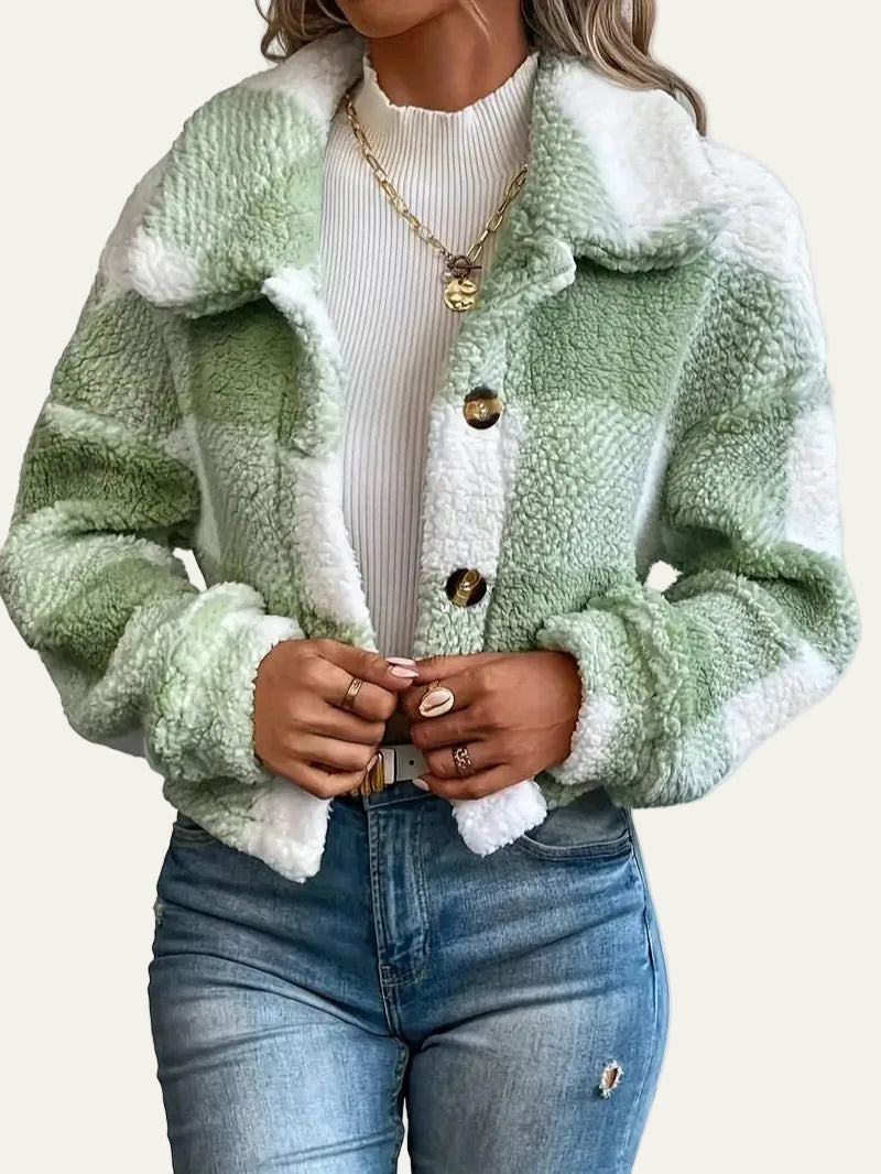 VogeLuxe | Women’s Cozy Plaid Cropped Sherpa Button Front Jacket