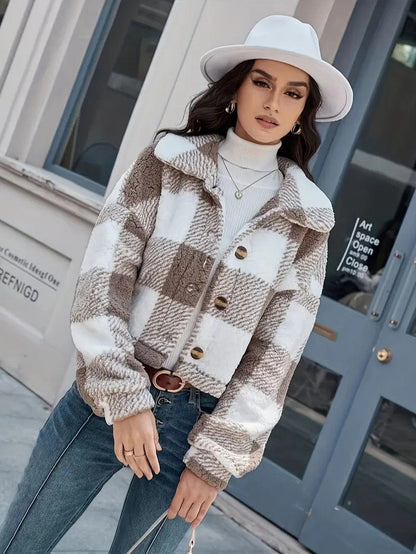 VogeLuxe | Women’s Cozy Plaid Cropped Sherpa Button Front Jacket