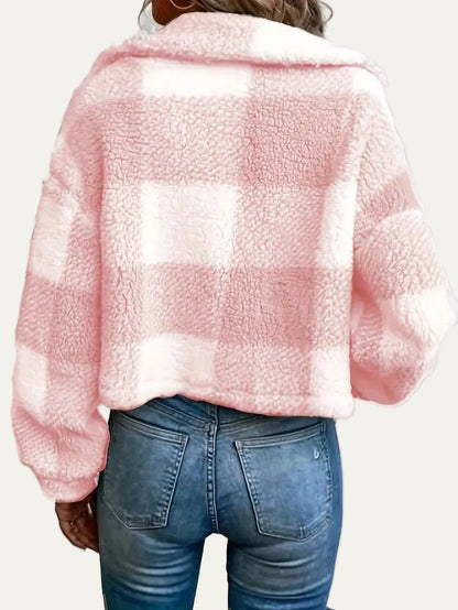 VogeLuxe | Women’s Cozy Plaid Cropped Sherpa Button Front Jacket