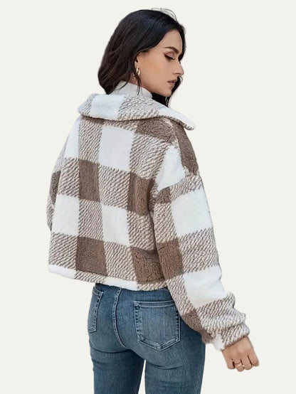VogeLuxe | Women’s Cozy Plaid Cropped Sherpa Button Front Jacket