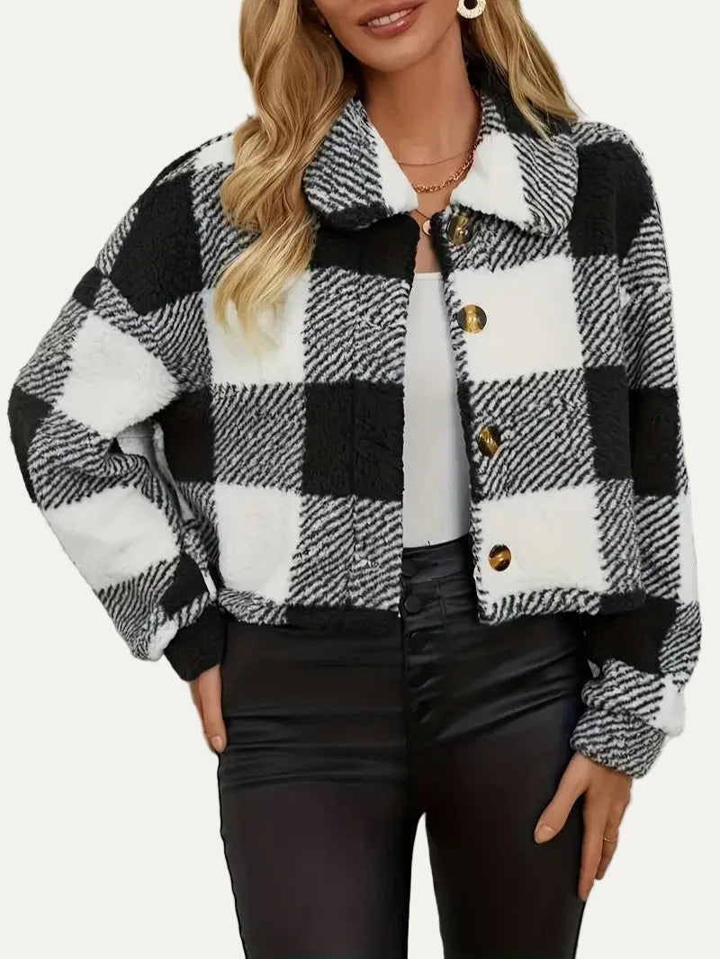VogeLuxe | Women’s Cozy Plaid Cropped Sherpa Button Front Jacket