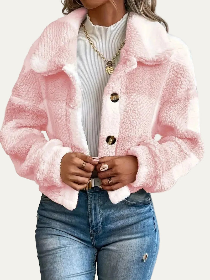 VogeLuxe | Women’s Cozy Plaid Cropped Sherpa Button Front Jacket