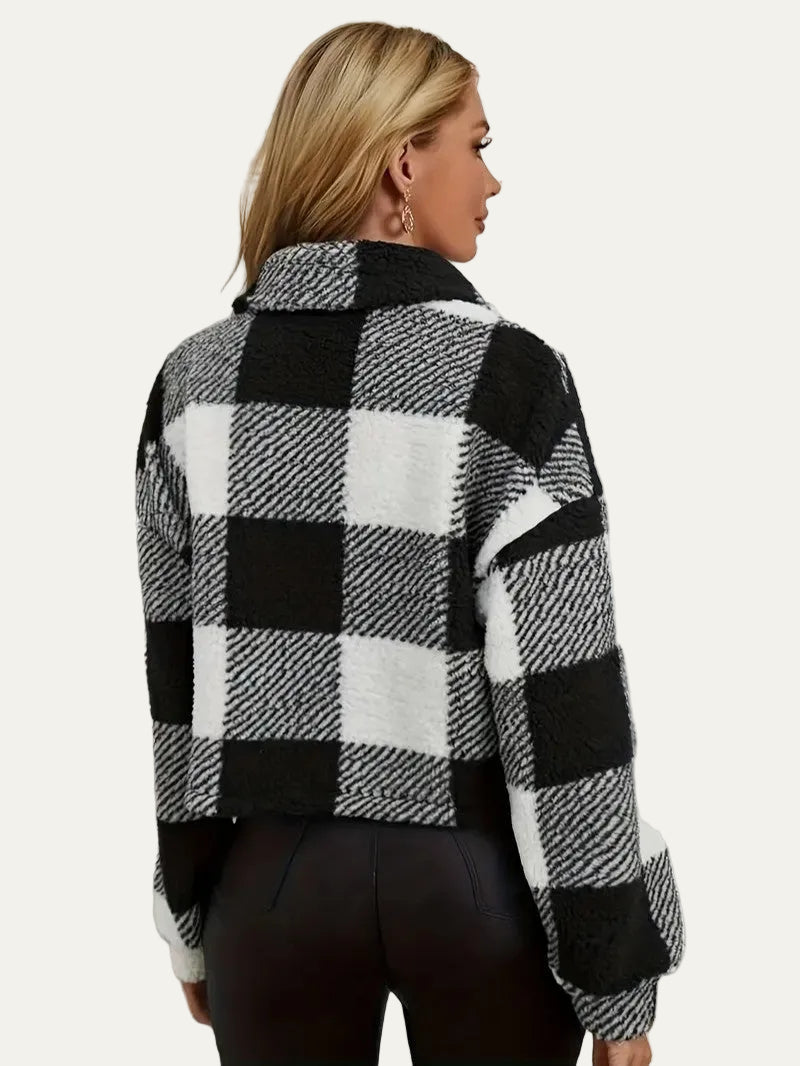 VogeLuxe | Women’s Cozy Plaid Cropped Sherpa Button Front Jacket