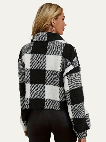 VogeLuxe | Women’s Cozy Plaid Cropped Sherpa Button Front Jacket