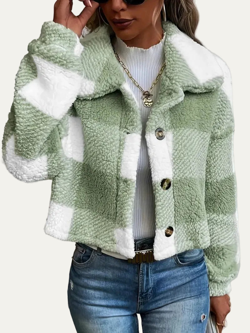 VogeLuxe | Women’s Cozy Plaid Cropped Sherpa Button Front Jacket