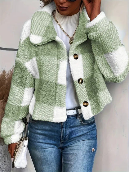 VogeLuxe | Women’s Cozy Plaid Cropped Sherpa Button Front Jacket