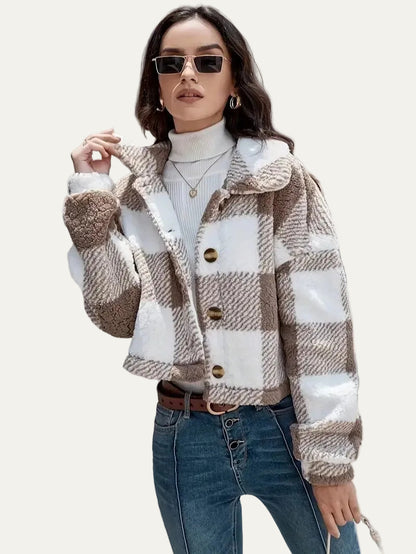 VogeLuxe | Women’s Cozy Plaid Cropped Sherpa Button Front Jacket