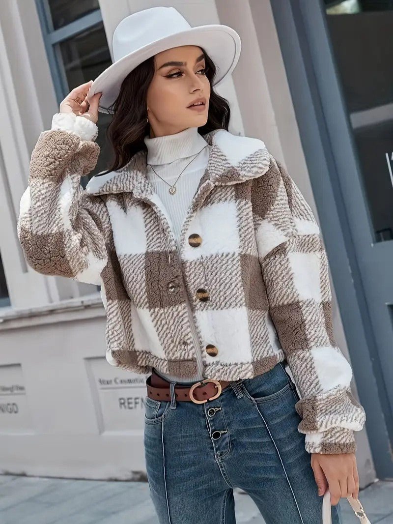 VogeLuxe | Women’s Cozy Plaid Cropped Sherpa Button Front Jacket
