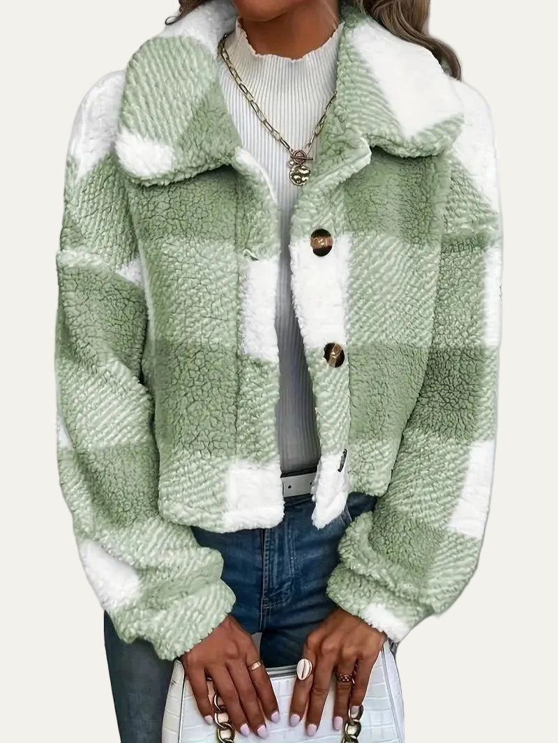 VogeLuxe | Women’s Cozy Plaid Cropped Sherpa Button Front Jacket