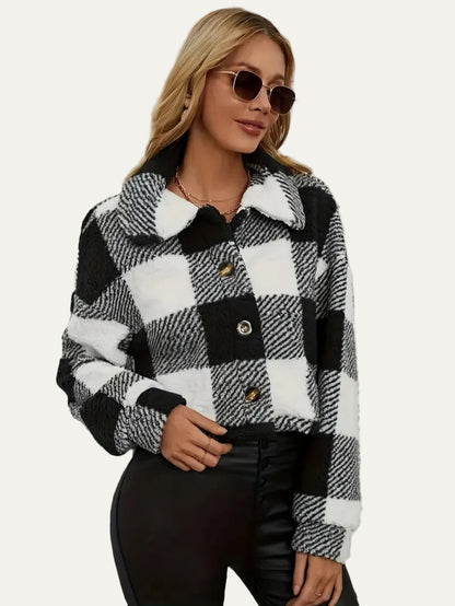 VogeLuxe | Women’s Cozy Plaid Cropped Sherpa Button Front Jacket