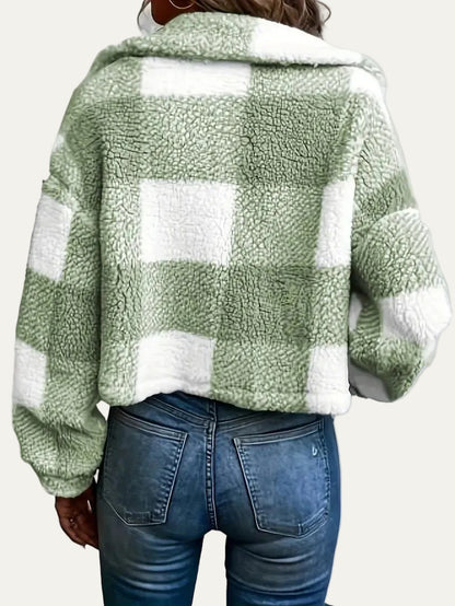 VogeLuxe | Women’s Cozy Plaid Cropped Sherpa Button Front Jacket