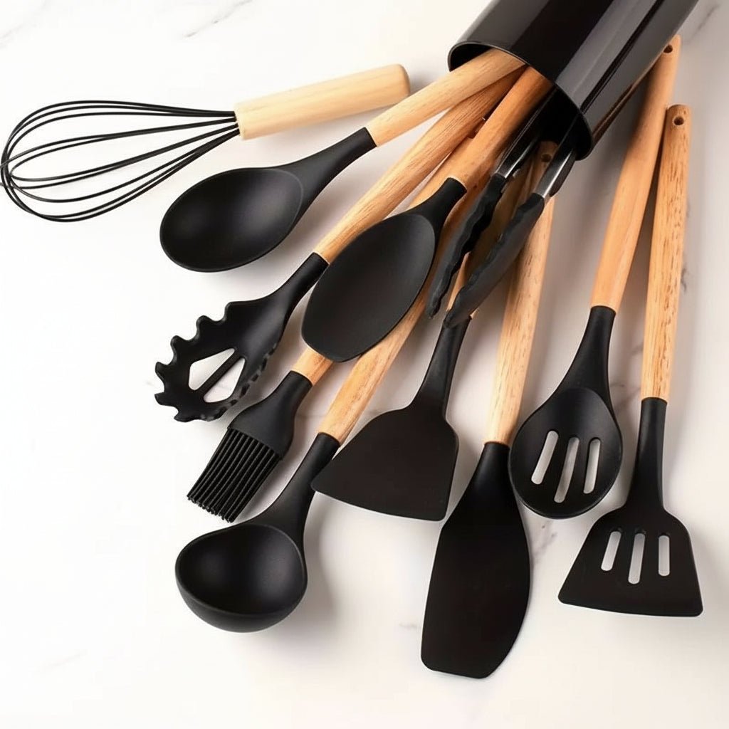 Silicone Kitchen Tool Set with Wooden Grip Handles