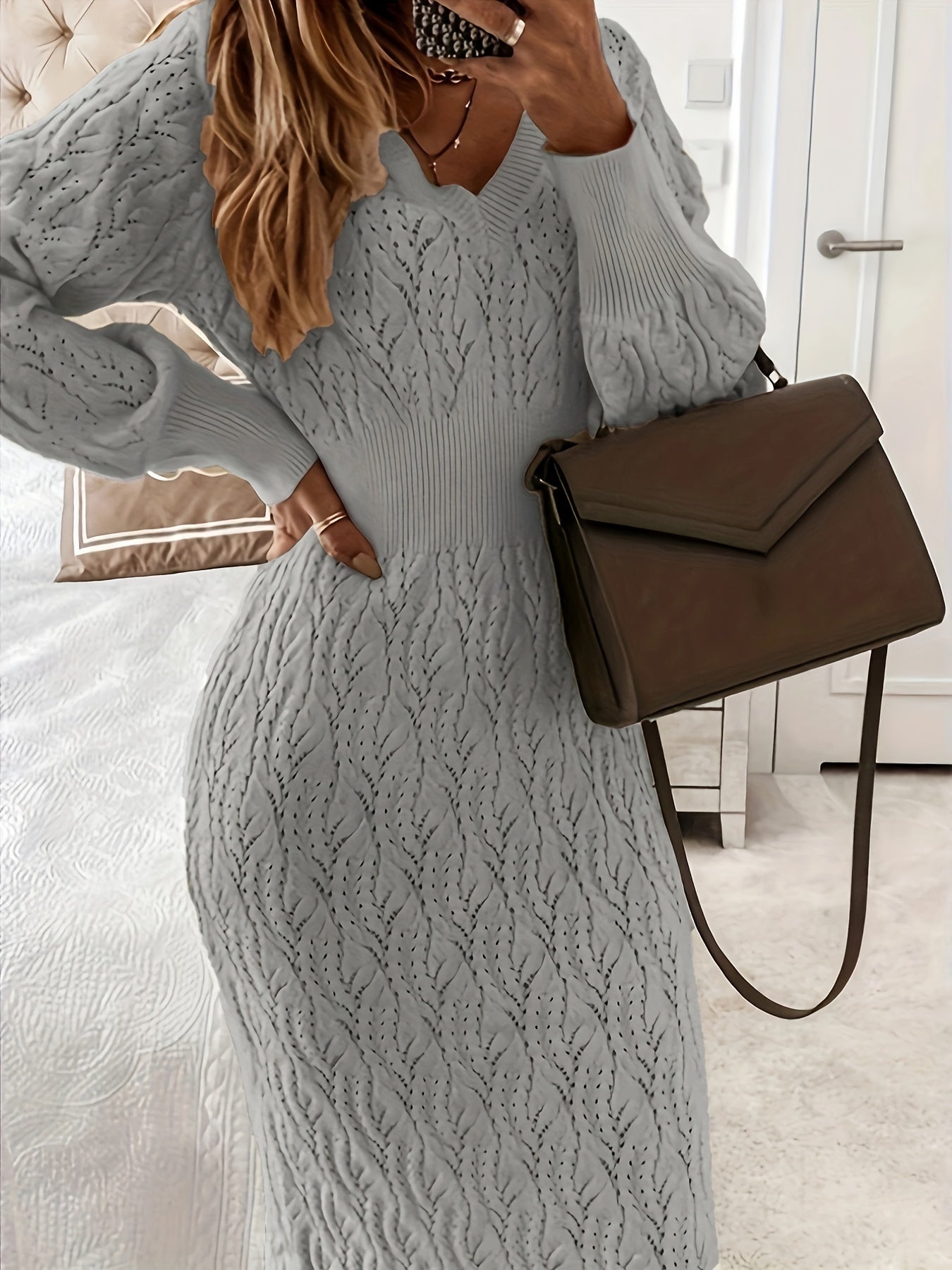 Elegant Crew Neck Knit Midi Dress for Women