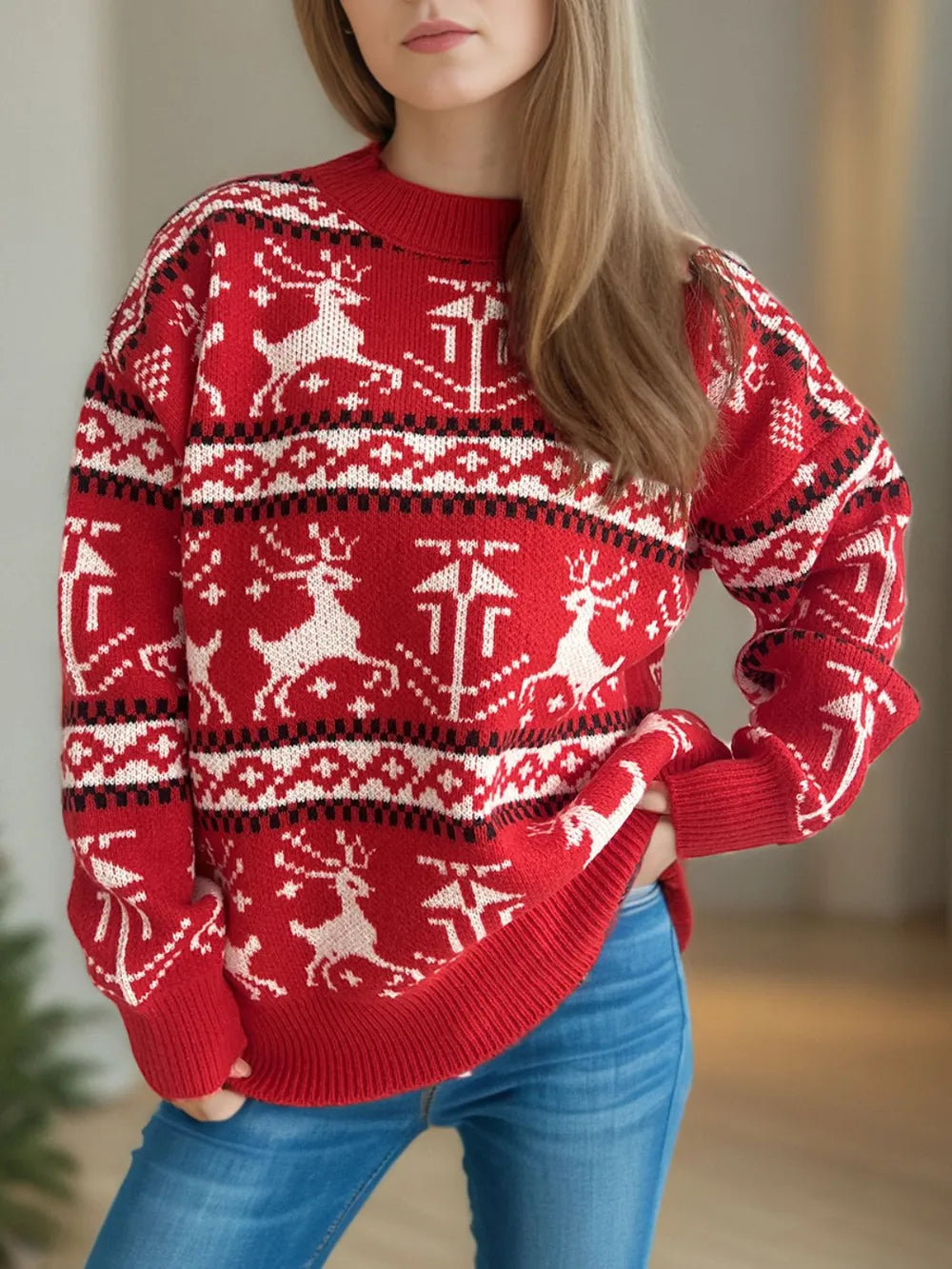 Holiday Crew Neck Winter Sweater – Colorful Knit Pattern - BritishElegance