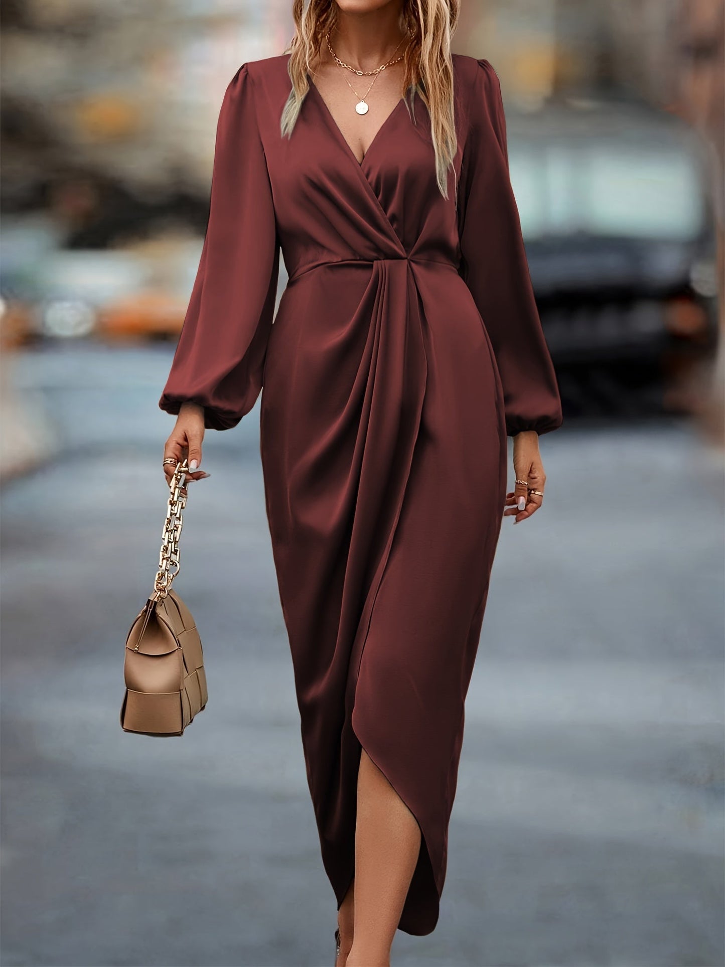 Elegant V Neck Long Sleeve Evening Dress for Ladies