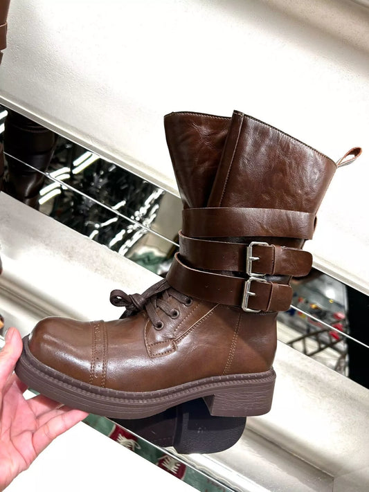 Strap Leather Chunky High Heel Boots - VogeLuxe