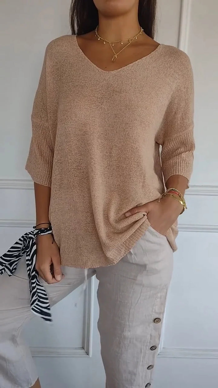 Relaxed Fit Women's V Neck Sweater Top