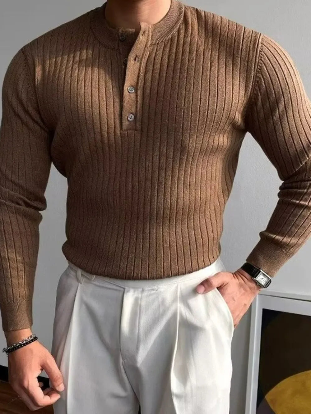 Textured Crew Neck Long Sleeve Men's Sweater - BritishElegance