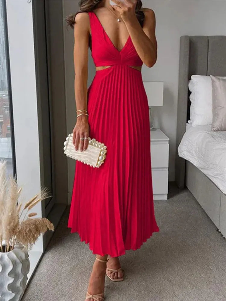 Flattering V-Neck Flowy Skirt Dress for Ladies