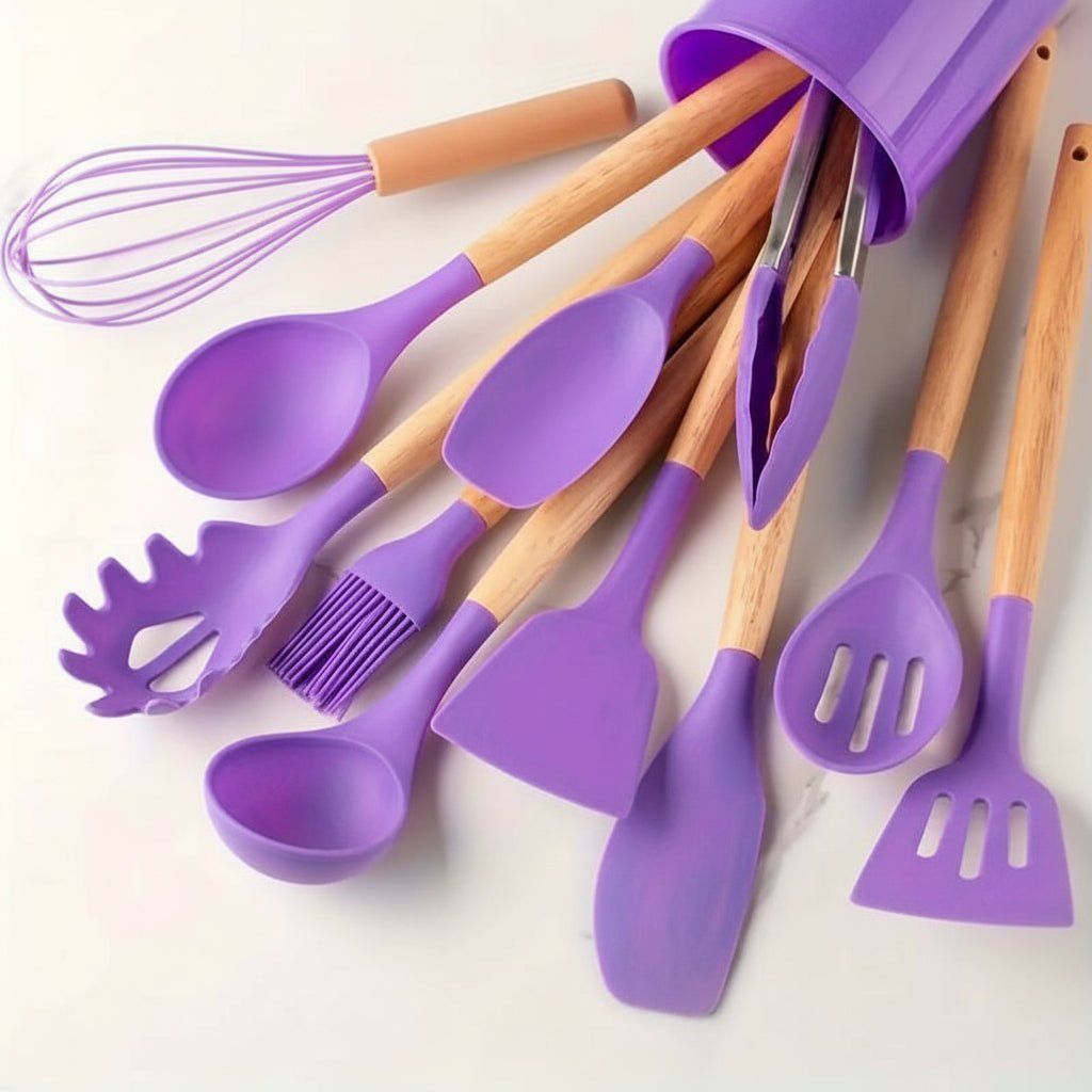 Silicone Kitchen Tool Set with Wooden Grip Handles
