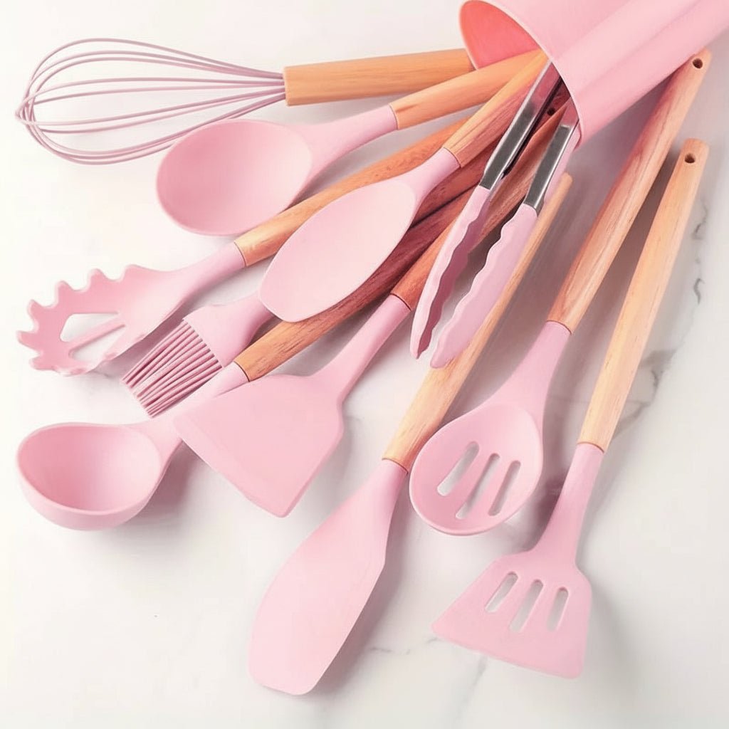 Silicone Kitchen Tool Set with Wooden Grip Handles