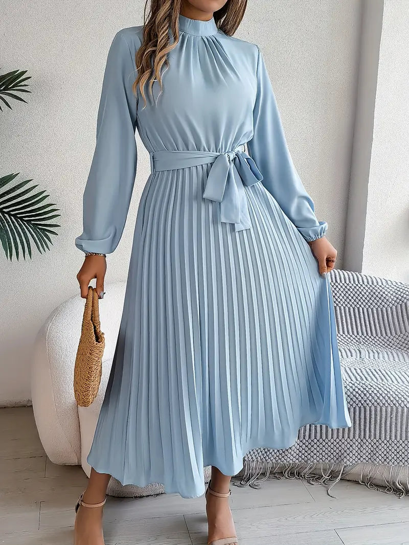 Ladies' Elegant Flared Waist Dress with Belt - VogeLuxe