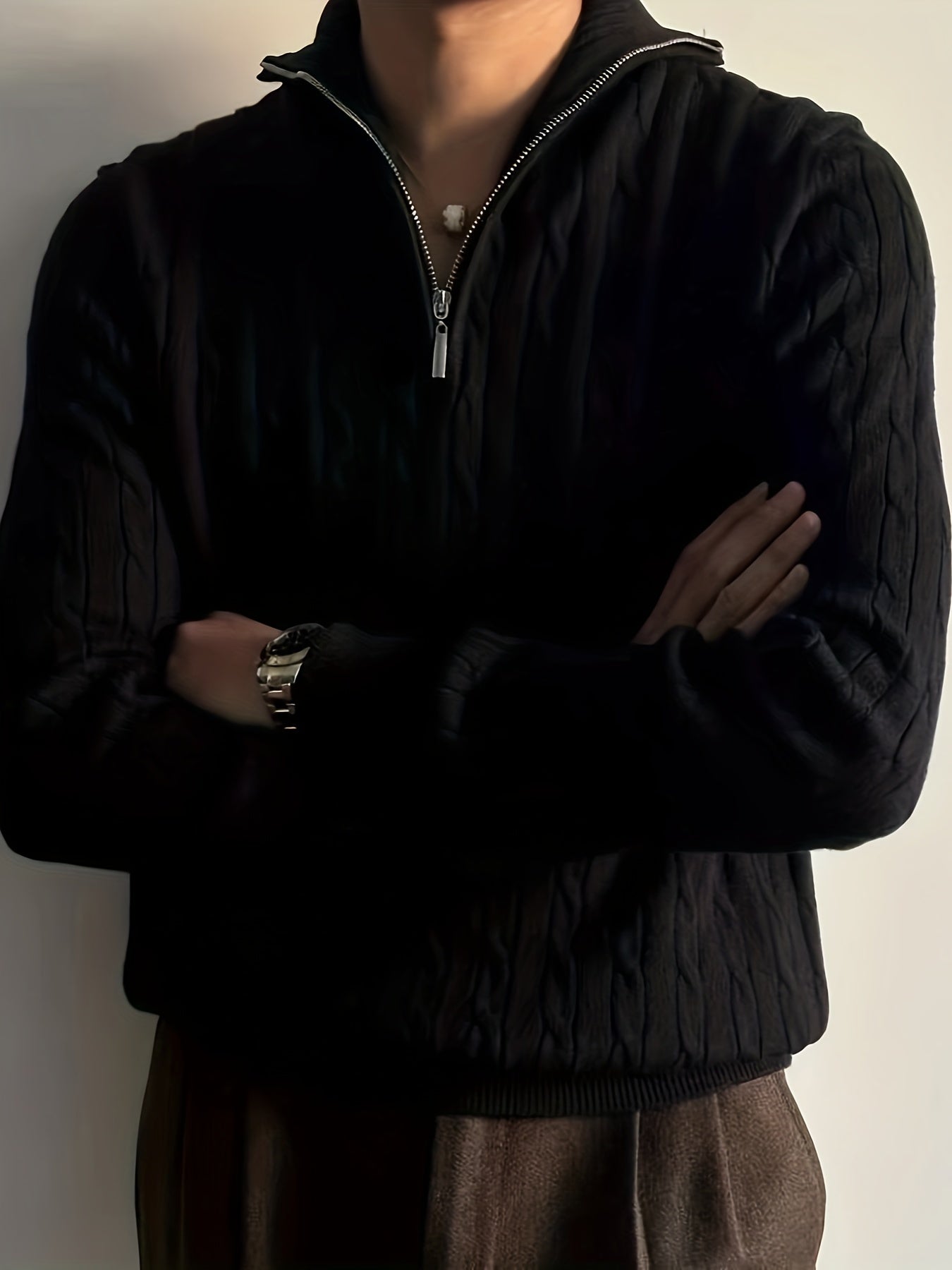 Warm Men's Cable Knit Sweater with Zip Neck - VogeLuxe