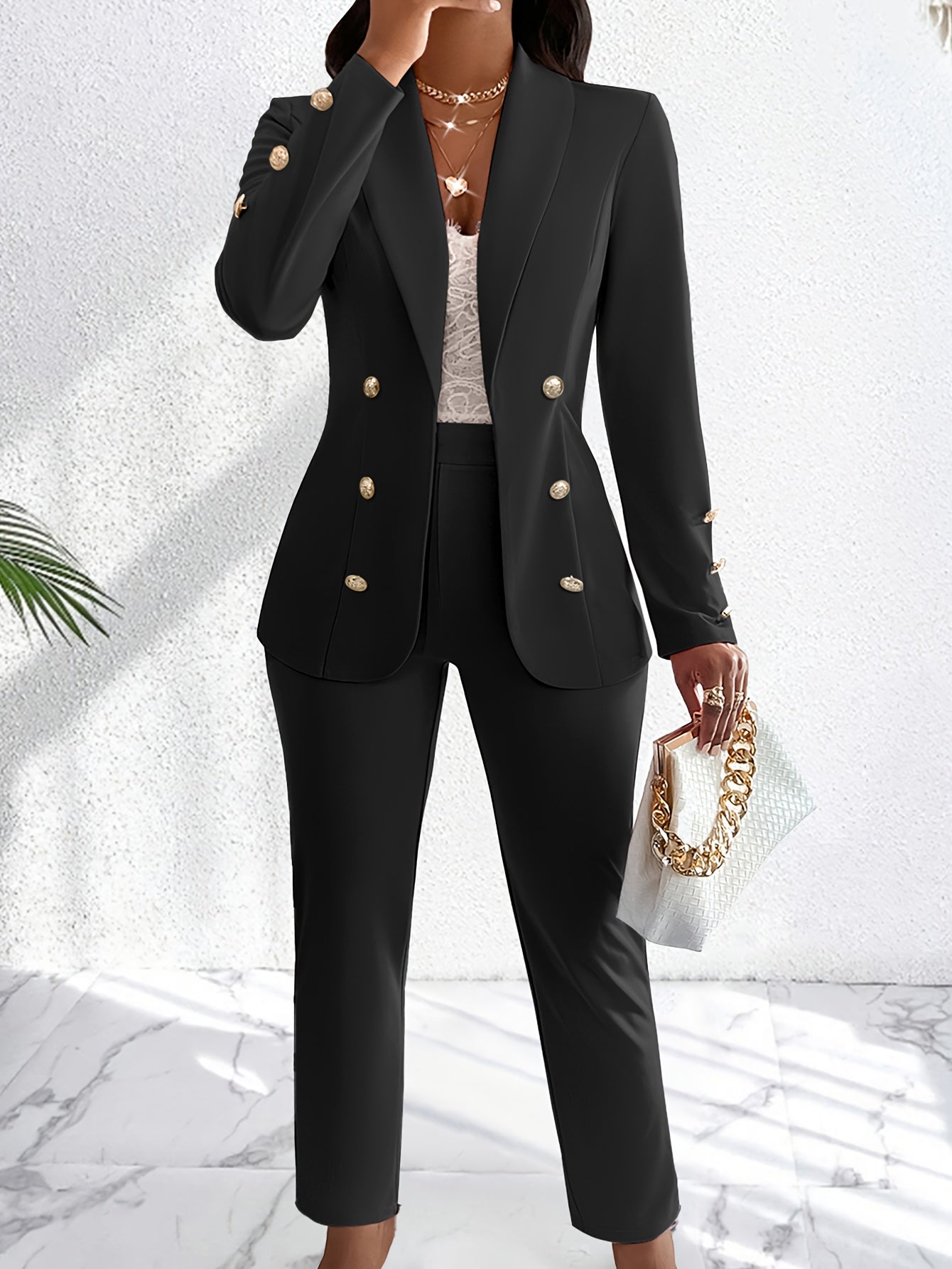Classic Fit Gold Button Women's Blazer Pants Suit - VogeLuxe