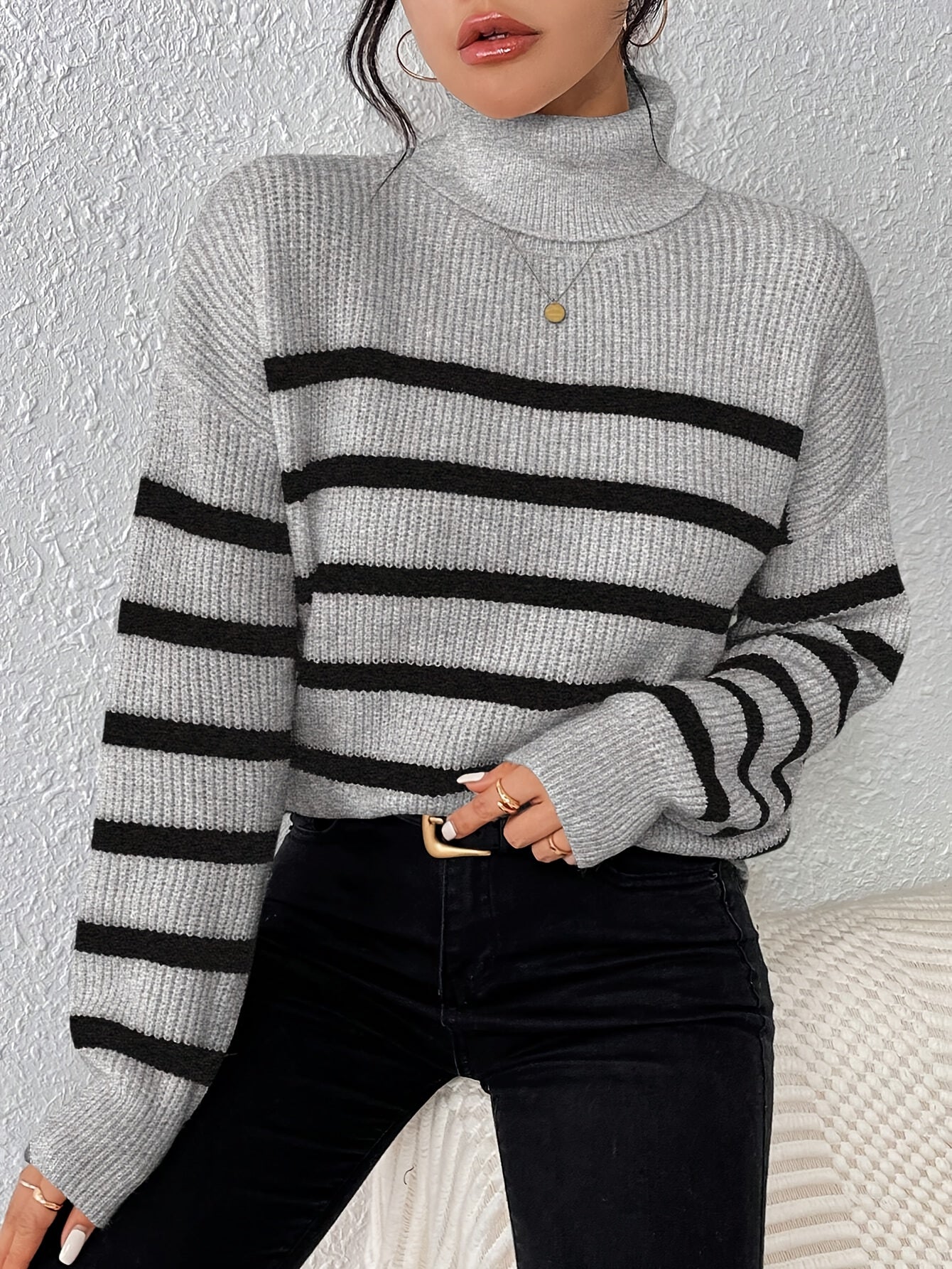 Cozy Grey Stripe Women's Winter Sweater - BritishElegance