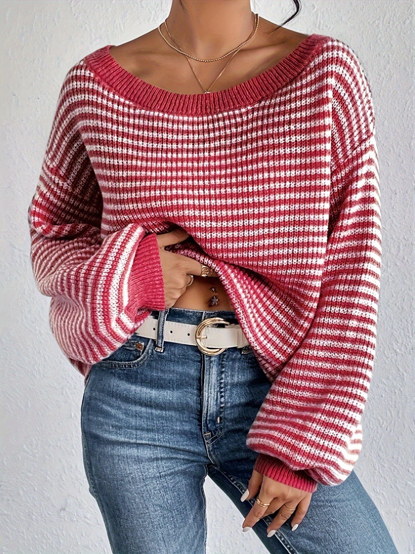 Comfy Striped Women's Sweater with Soft Round Neck