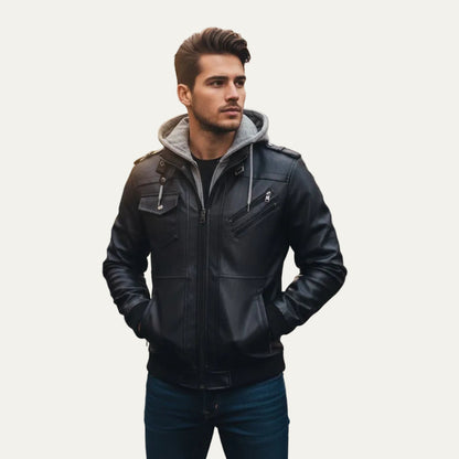 VogeLuxe | Men’s Leather Bomber Jacket with Detachable Hood